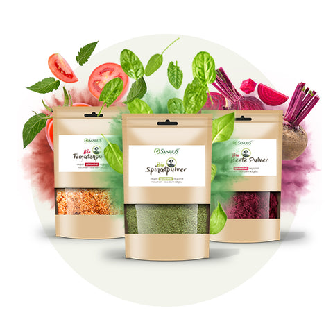 SANUUS Gemüsepulver Set 3x500g (Tomatenpulver, Rote Beete Pulver, Spinatpulver)