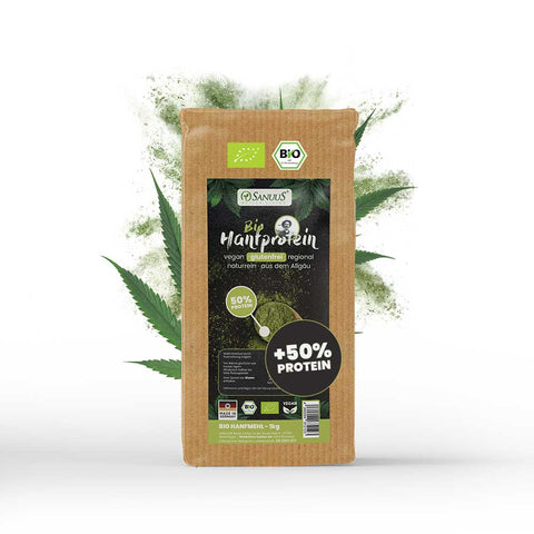 SANUUS Allgäu Bio HanfPROTEIN (50% Eiweiß) 1kg - pflanzliches teilentöltes Proteinpulver superfrein gemahlen glutenfrei