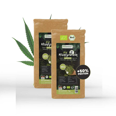 SANUUS Allgäu Bio HanfPROTEIN (50% Eiweiß) 2x1kg - pflanzliches Proteinpulver glutenfrei superfrein gemahlen