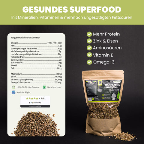 SANUUS Allgäu Bio Hanfsamen ungeschält 750g