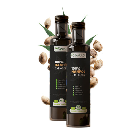 SANUUS Allgäu Bio Hanföl kaltgepresst 2x500ml +Omega-3 - Rein aus ungeschälten Hanfsamen aus Deutschland zum Kochen