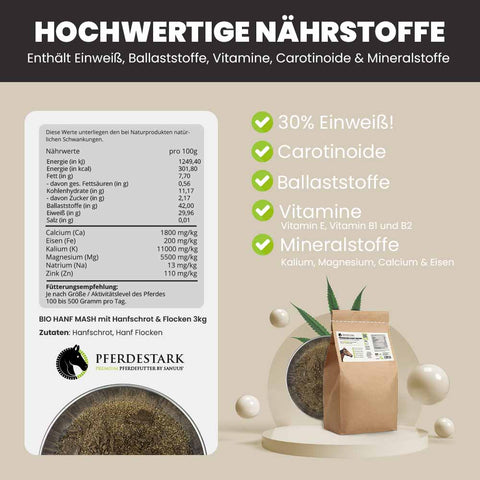 PFERDESTARK Bio Hanfschrot-Hanf Flocken Mash natürliches Ergänzungsfutter zuckerreduziert 3kg Beutel